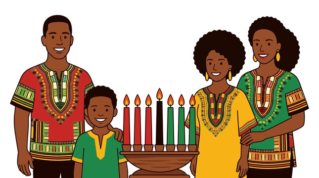 Joyful Kwanzaa family gathers around a vibrant kinara candelabra