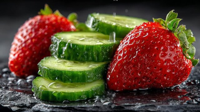 Vibrant strawberries and fresh cucumber slices glistening with water droplets.