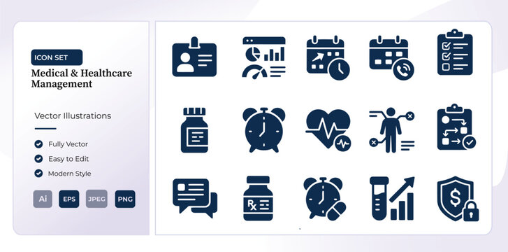 Medical and healthcare management icons. Professional hospital administration vector set.