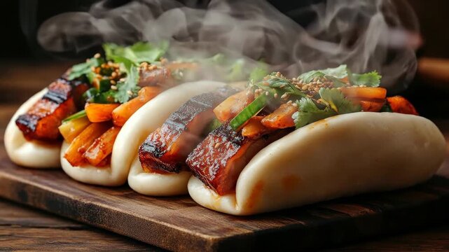 Steaming hot gua bao buns with succulent pork belly and fresh vegetables.