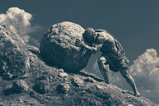 Bluish-Toned Sisyphus Straining to Push a Massive Boulder Uphill, Dramatic Greek Mythology Scene Symbolizing Endless Labor, Perseverance, Strength and Human Struggle