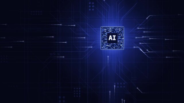 Dynamic CPU Animation Featuring 'AI' Text with Deep Blue Background, Circuit Traces, and Data Flow in a Futuristic Style, Perfect for Technology and Innovation Themes