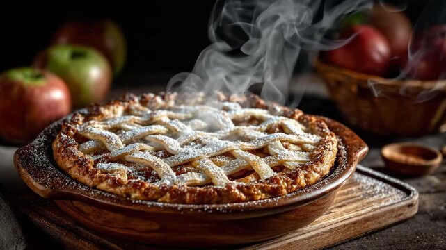 Steaming hot, freshly baked apple pie with a lattice crust and powdered sugar.
