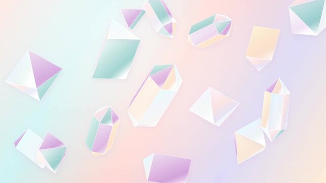 Elegant pastel refractive crystal shards floating in a seamless motion graphics background loop