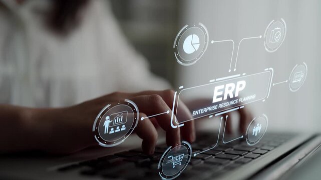 ERP platform visual showing centralized system for enterprise resource planning, improving integration, data flow, business efficiency, finance, inventory, and human resources. Muxer