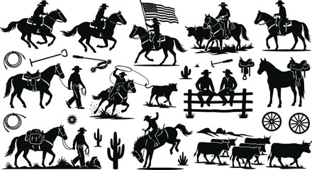 Fototapeta premium Western cowboy silhouette collection with horses, rodeo, cattle ranching and frontier lifestyle icons isolated on white background