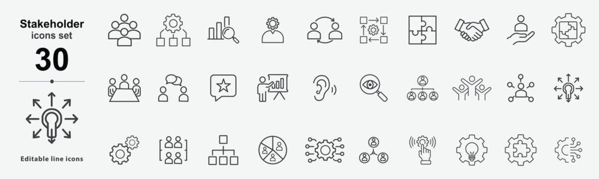 Stakeholder Icon Set Editable Line Icons Representing Collaboration Management And Communication Concepts teamwork leadership strategy planning