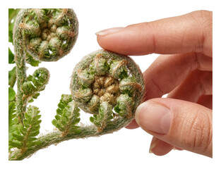 Human hand holding a fresh green organic coiled fiddlehead fern sprout isolated transparent background image © Illustration