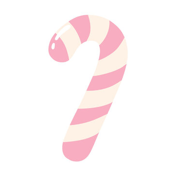 Cute pastel pink striped candy cane illustration, sweet peppermint candy clipart isolated on white background.