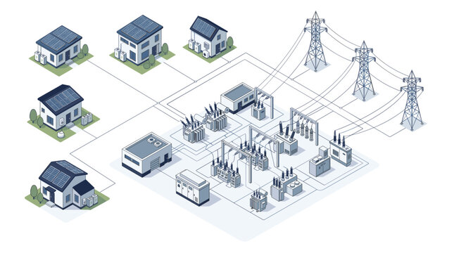 Isometric Electrical Substation and Solar Homes Connected to Power Distribution Grid