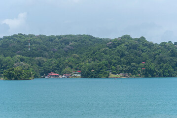 Fototapeta premium Panoramic view of Gatun Lake with lush tropical vegetation and calm waters in the Panama Canal region of Panama.