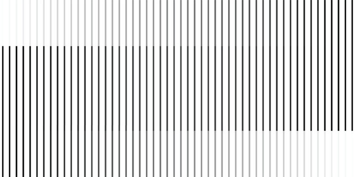 Black and white striped halftone gradient. Fading line gradation background. Repeating strip pattern backdrop. Parallel lines wallpaper for overlay, print, cover. Vector Doppler effect concept