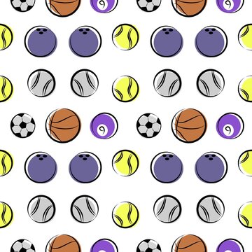 Seamless pattern featuring various sports balls. Colorful sports ball seamless background. Cartoon sports ball pattern background. Hand drawn different sports balls repeat pattern