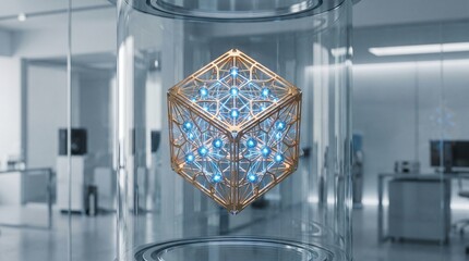 Fototapeta premium Glowing Quantum Cube in Glass Cylinder Inside High Tech Laboratory