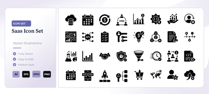SaaS icon set for business software. Modern vector symbols for cloud computing and tech.