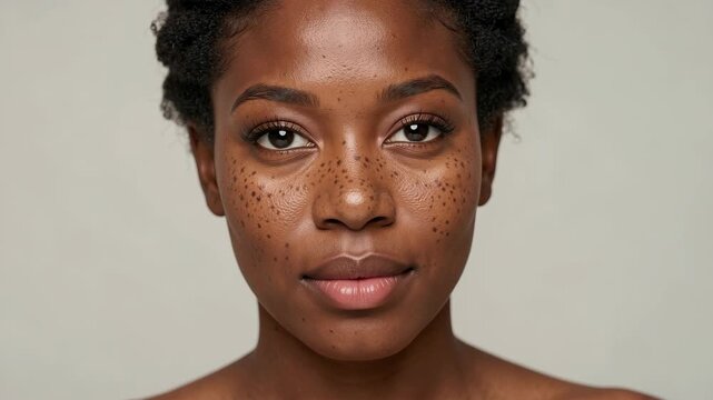 A close-up of a woman with a fair complexion and noticeable freckles. She is looking straight ahead with a neutral expression on her face. Her skin appears soft and well-maintained.