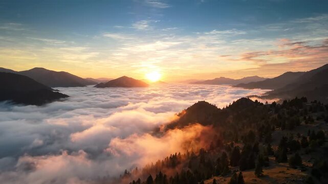 Peaceful sunrise over misty mountains and forest, golden sun rays breaking through clouds, serene natural landscape
