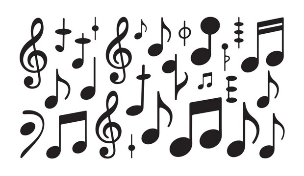 Set of black musical notes and symbols including treble clef, eighth notes, and sharp signs on white background.
