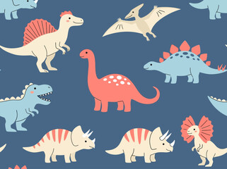 Cute Cartoon Dinosaur Seamless Pattern on Blue Background © Maerrie