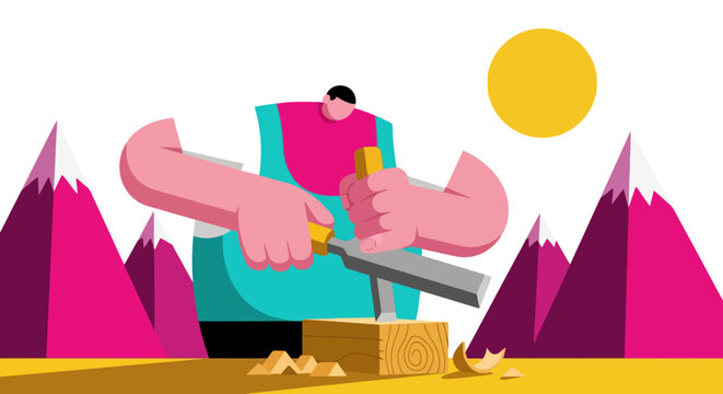 Male carpenter carving wood with chisel in mountains, flat vector art