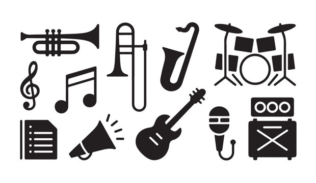 Musical performance icon set with instruments and notation including trumpet trombone saxophone and drums.