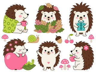 Obraz premium Cute Hedgehog Autumn Character Set with Fall Elements
