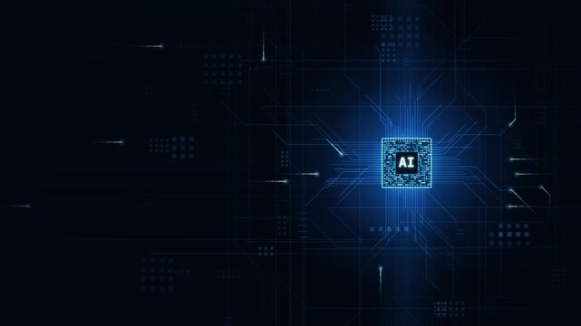 Dynamic representation of AI technology with a glowing circuit board chip against a deep dark background, showcasing vibrant blue hues and intricate data flow patterns, evoking a sense of innovation