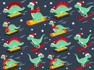 Cute Christmas Dinosaur Pattern with Skiing and Snowboarding Dinosaurs in Santa Hats © Maerrie