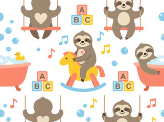 Fototapeta premium Seamless Nursery Pattern with Cute Cartoon Sloths Playing