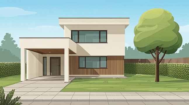 A charming modern home with a lush green lawn and manicured hedges