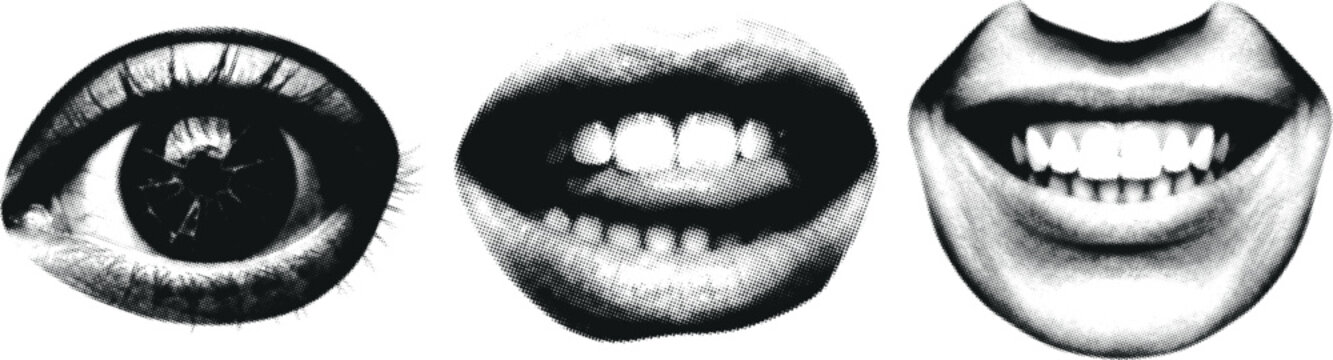 Halftone eye and smiling mouths in a graphic composition with distinct dots and lines