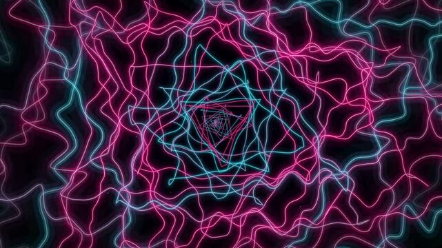 Futuristic liquid neon triangular tunnel with pink and blue wavy lines motion graphics footage