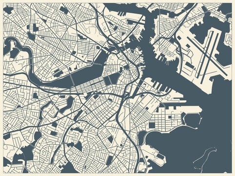 Vintage Style Boston Massachusetts City Street Map with Logan Airport and Harbor