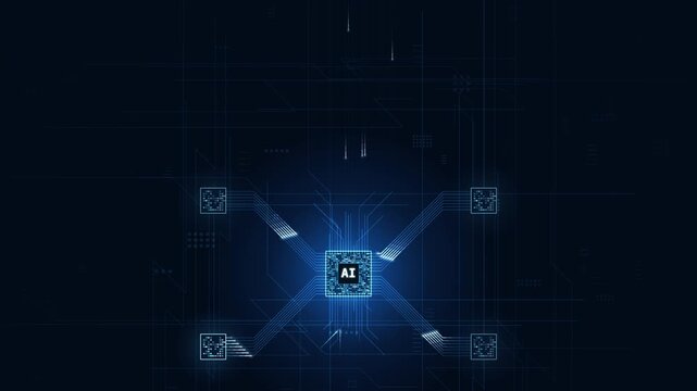 Futuristic static shot showcasing a central AI chip illuminated by a blue glow, surrounded by intricate circuit designs and negative space, creating a tech-savvy atmosphere.
