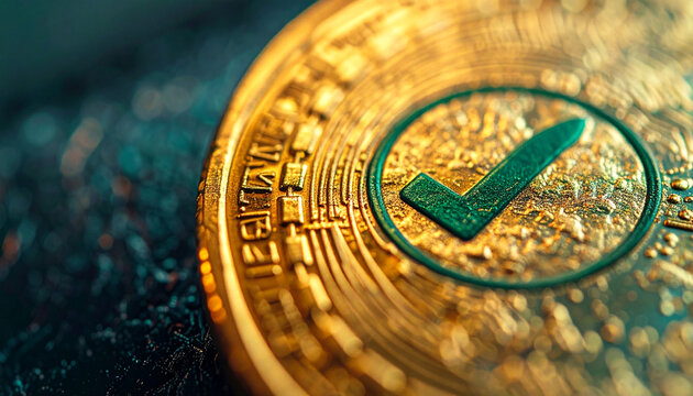 Digital Currency Verification: A close-up, macro shot of a golden cryptocurrency coin featuring a prominent green checkmark, symbolizing security, confirmation, and the validity of digital assets.