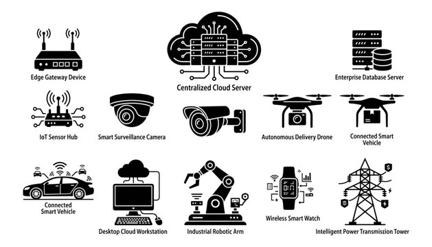 Technology Icons Depicting Various Connected Devices and Systems for Smart Infrastructure and Automation