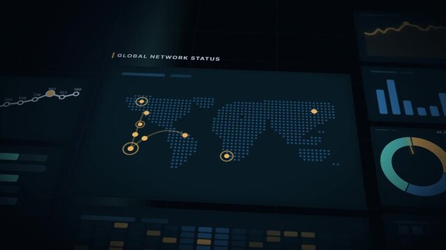Cinematic panning and tilting dashboard animation featuring line graphs, bar charts, pie charts, and a world map on a dark background with depth layers and negative space for text overlays.