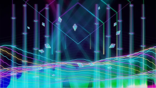 Abstract neon crystal cathedral topography background loop with futuristic glowing lines