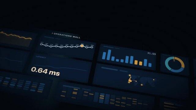Cinematic panning and tilting dashboard animation showcasing diverse data visualizations including line, bar, pie charts, and world maps on a dark background with depth layers and negative space for