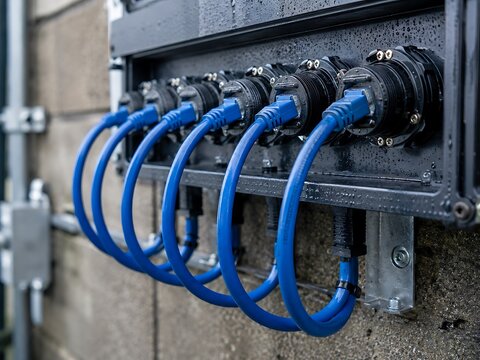 Row of blue ethernet network cables plugged into a black outdoor junction box mounted on a textured wall keywords: ethernet cable, network cable