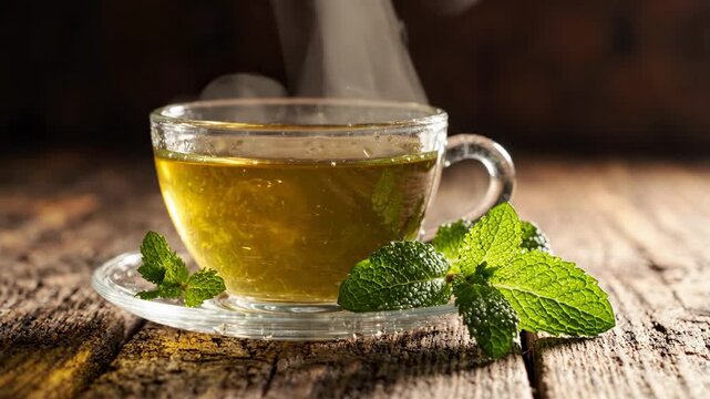 Steaming cup of fresh green herbal tea with mint leaves on a rustic wooden table, aromatic beverage for relaxation and wellness