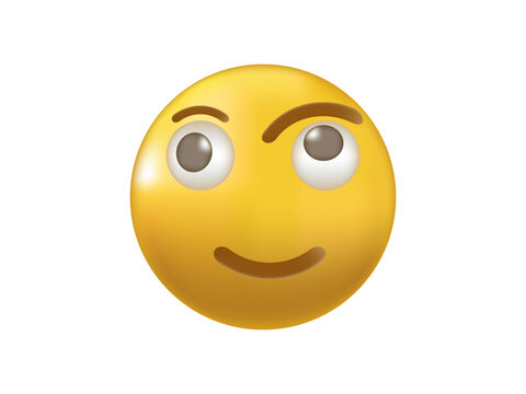 Yellow emoji face with sly smile and eyes looking up representing thinking or daydreaming