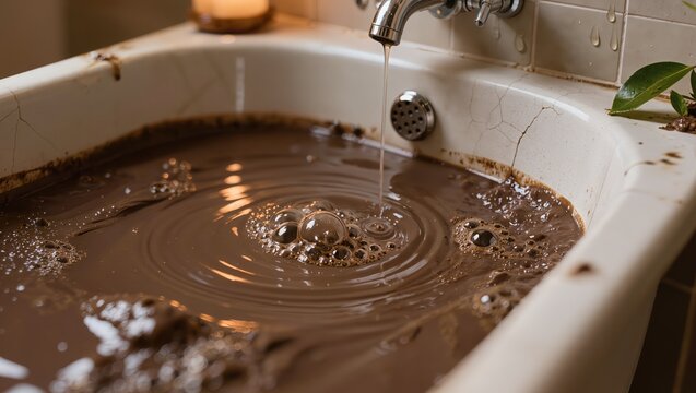 Water pours from a faucet into a vintage bathtub filled with therapeutic brown mud. This relaxing spa treatment creates ripples and bubbles on the surface of the healing liquid