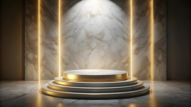 A majestic white marble podium rises from a gleaming gold base illuminated by a dramatic spotlight that accentuates its every curve and detail