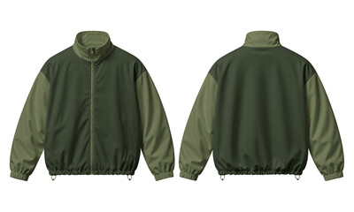 Tracksuit set featuring olive green windbreaker jacket front and back view mockups © Textures Background