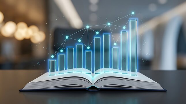 Open Book with Futuristic Glowing Bar Graph Data Visualization on Top, Representing Knowledge and Growth