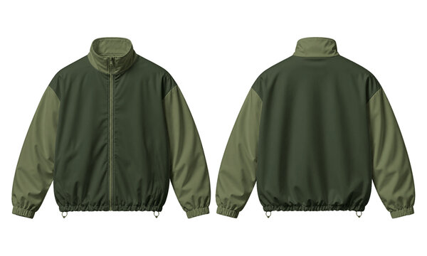 Tracksuit set featuring olive green windbreaker jacket front and back view mockups