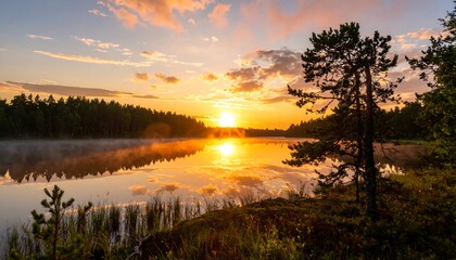 Fototapeta premium Golden sunset over tranquil lake with silhouetted trees.