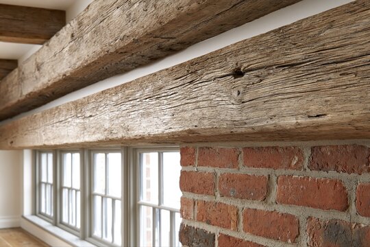 Rustic reclaimed wood beams and exposed brick wall interior detail with natural light from windows