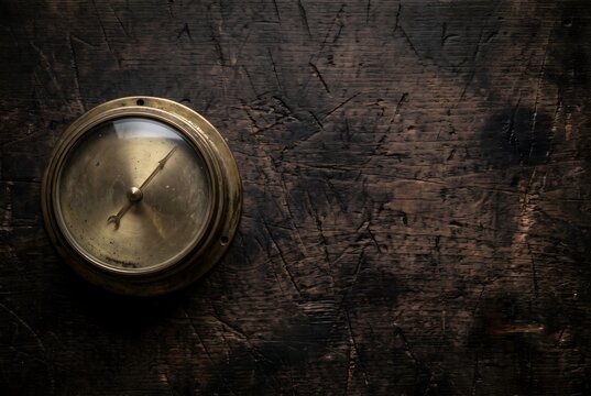Vintage antique brass aneroid barometer on dark wooden workbench with copy space